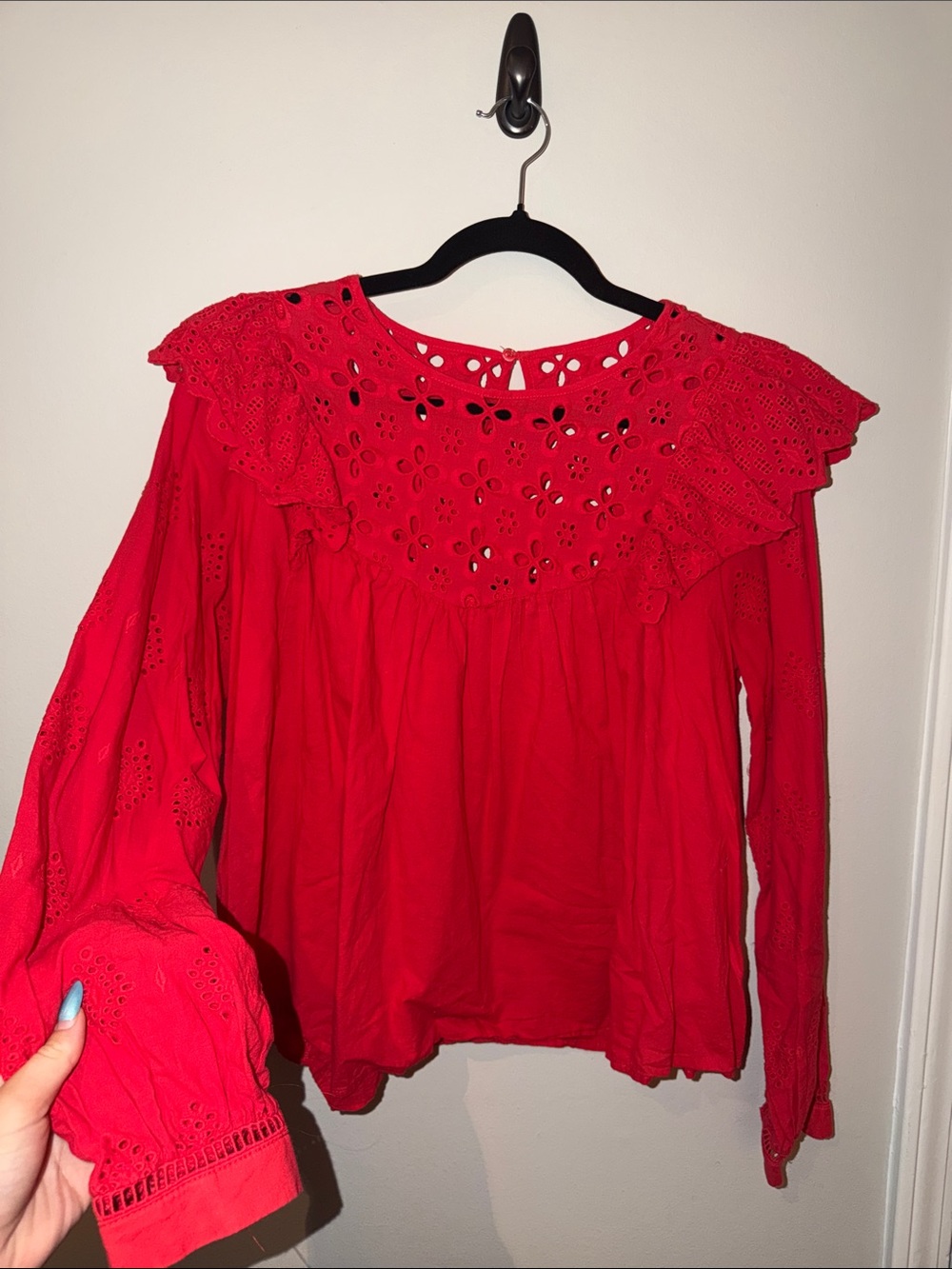 En Saison Red Eyelet Detail Peasant Top
